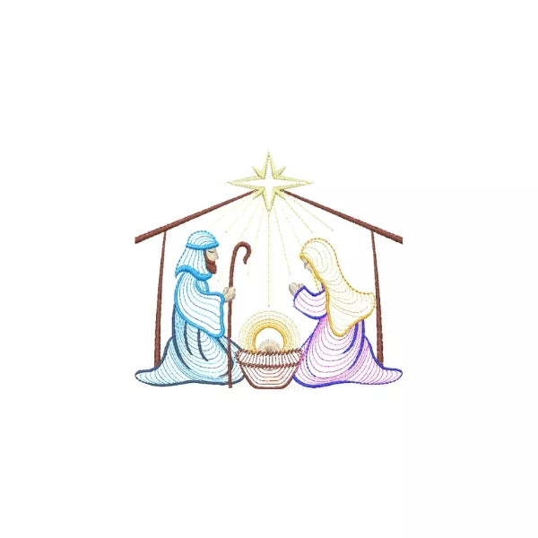 Thème crèche historique - Illustrations de Marie, Joseph, nouveaux-nés, anges, rois mages. (10 designs ondulés) - Motifs de broderie machine de Noël