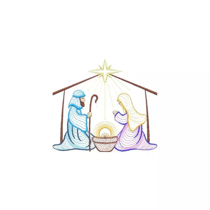Thème crèche historique - Illustrations de Marie, Joseph, nouveaux-nés, anges, rois mages. (10 designs ondulés) - Motifs de broderie machine de Noël