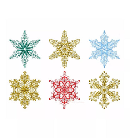 Six-flocons-de-neige-vert-or-bleu-rouge-motif-de-broderie-machine