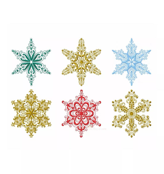 Six-flocons-de-neige-vert-or-bleu-rouge-motif-de-broderie-machine