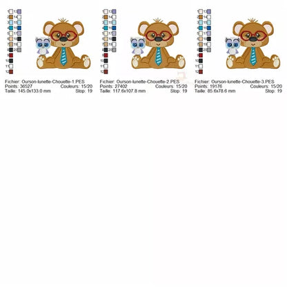 Ourson avec Lunettes rouge et Cravate bleu et un Hibou - 3 tailles - Motifs Broderie Machine
