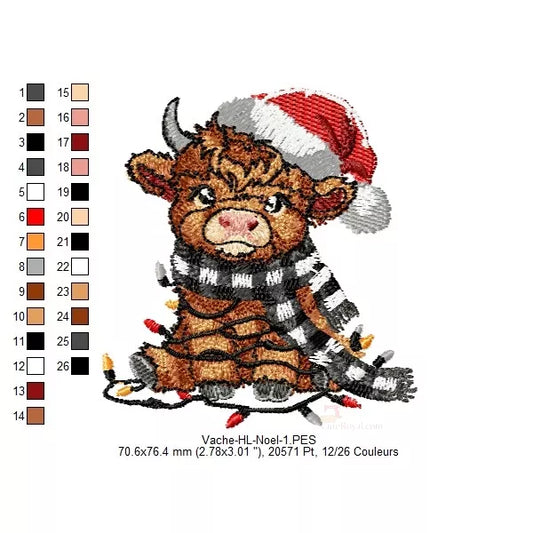 Taille-1-Bebe-Vache-Highland-de-Noel-Motif-de-broderie-machine