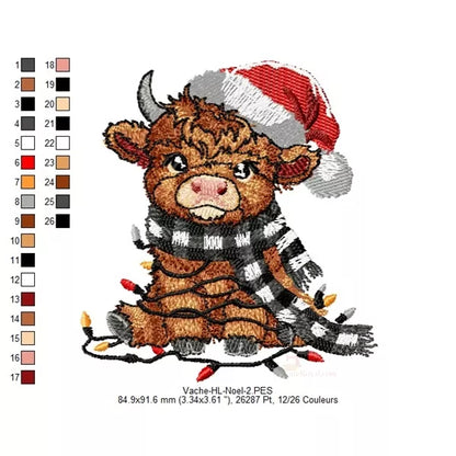 Taille-2-Bebe-Vache-Highland-de-Noel-Motif-de-broderie-machine