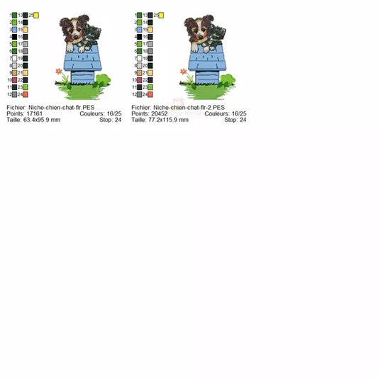 Chien-chat-sur-niche-bleu-fleur-et-arbuste-Tailles-motifs-de-broderie-machine