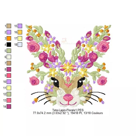Couleurs-et-Taille-1-Broderie-Tête-Lapin-Fleuri-pour-machine-à-broder