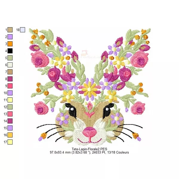 Couleurs-et-Taille-2-Broderie-Tête-Lapin-Fleuri-pour-machine-à-broder