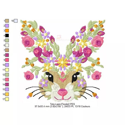 Couleurs-et-Taille-2-Broderie-Tête-Lapin-Fleuri-pour-machine-à-broder