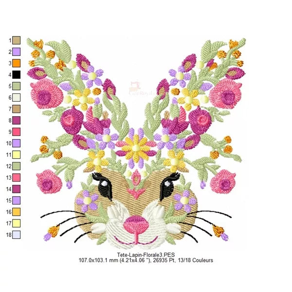 Couleurs-et-Taille-3-Broderie-Tête-Lapin-Fleuri-pour-machine-à-broder