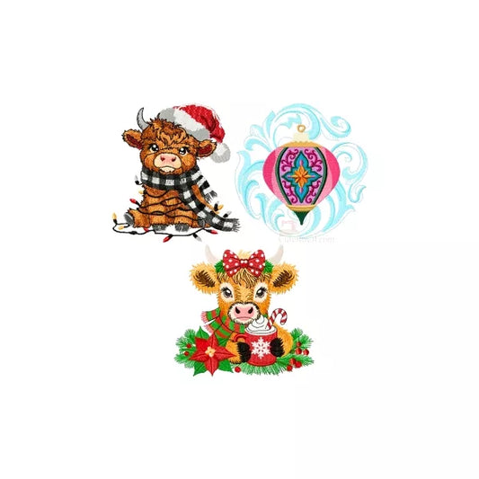 Trio-Noel_-_Vaches_Highland_-_Boule_de_Noel_-_3_Motifs_de_Broderie_pour_machine_a_broder-Forfait-CR1-BDL-NOEL-TRIO