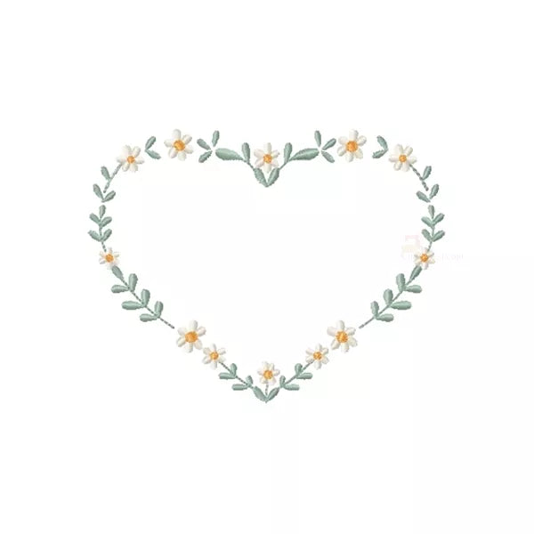 Motif de broderie machine – Couronne de marguerites en forme de cœur – rendu brodé fond blanc.