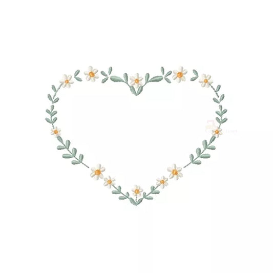Motif de broderie machine – Couronne de marguerites en forme de cœur – rendu brodé fond blanc.