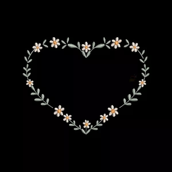 Motif de broderie machine – Couronne de marguerites en forme de cœur – rendu brodé fond noir.