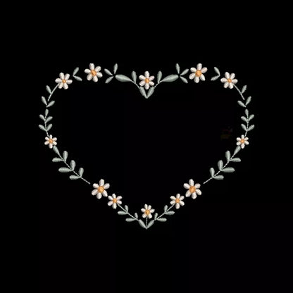 Motif de broderie machine – Couronne de marguerites en forme de cœur – rendu brodé fond noir.