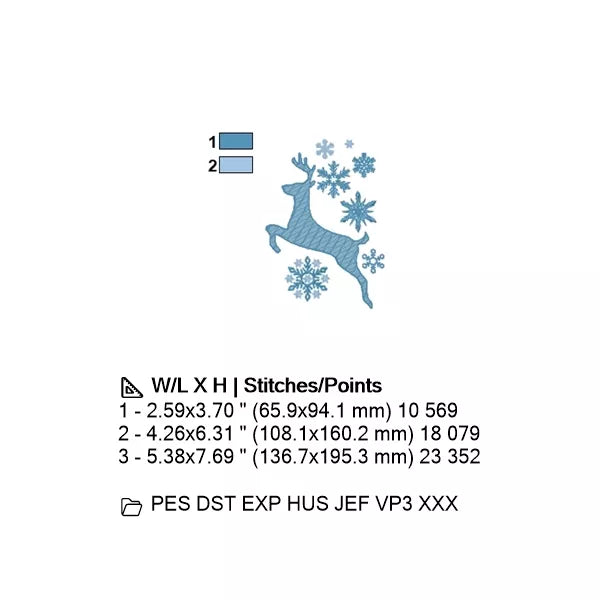 Cerf sautant avec flocons de neige - motif de broderie machine – CuteRoyal – Info couleurs, dimensions et formats : PES, DST, EXP, HUS, JEF, VP3, XXX.