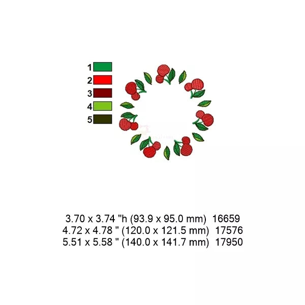 Fiche technique – Couronne cerises et feuilles CR10136-92 : couleurs, dimensions et nombre de points.