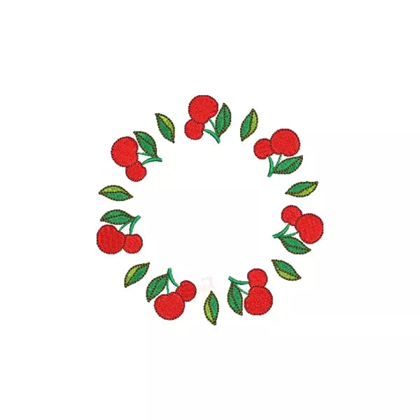 Motif de broderie machine – Couronne de cerises et feuilles, rendu brodé sur tissu.
