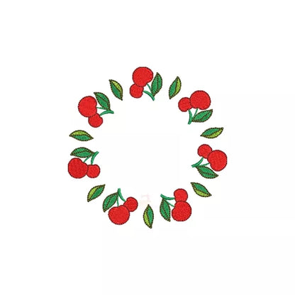 Motif de broderie machine – Couronne de cerises et feuilles, rendu brodé sur tissu.