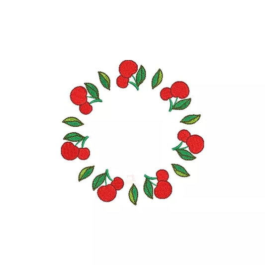 Motif de broderie machine – Couronne de cerises et feuilles, rendu brodé sur tissu.