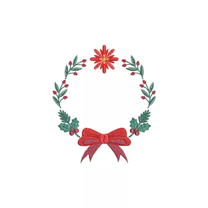 Couronne de Noël avec noeud rouge, poinsettia, houx et branches de sapin – Motif de broderie machine – CuteRoyal | Christmas wreath machine embroidery design