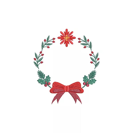 Couronne de Noël avec noeud rouge, poinsettia, houx et branches de sapin – Motif de broderie machine – CuteRoyal | Christmas wreath machine embroidery design