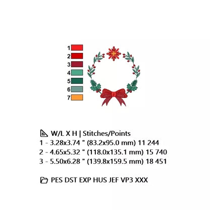 Couronne de Noël avec noeud rouge, poinsettia, houx et branches de sapin – Motif de broderie machine – CuteRoyal – Info couleurs, dimensions et formats  : PES, DST, EXP, HUS, JEF, VP3, XXX.