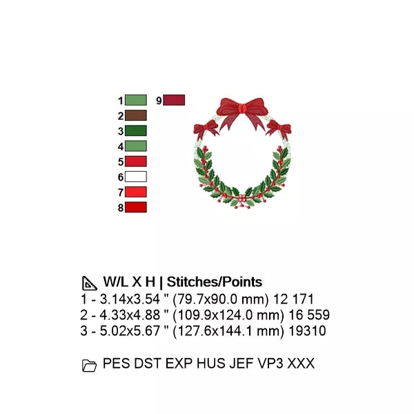 Couronne de Noël avec 3 boucles rouge et feuille de houx vert avec baies rouge - Motif de broderie machine – CuteRoyal – Info couleurs, dimensions et formats : PES, DST, EXP, HUS, JEF, VP3, XXX.
