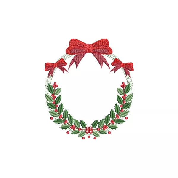 Couronne de Noël avec 3 boucles rouge et feuille de houx vert avec baies rouge - Motif de broderie machine – CuteRoyal – Christmas wreath machine embroidery design.
