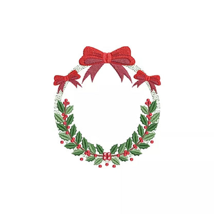 Couronne de Noël avec 3 boucles rouge et feuille de houx vert avec baies rouge - Motif de broderie machine – CuteRoyal – Christmas wreath machine embroidery design.