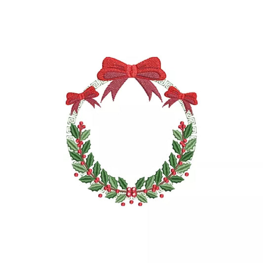 Couronne de Noël avec 3 boucles rouge et feuille de houx vert avec baies rouge - Motif de broderie machine – CuteRoyal – Christmas wreath machine embroidery design.