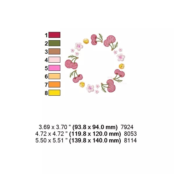 Fiche technique du motif couronne de cerises : palette 8 couleurs et 3 tailles disponibles – cherry wreath color chart and sizes 