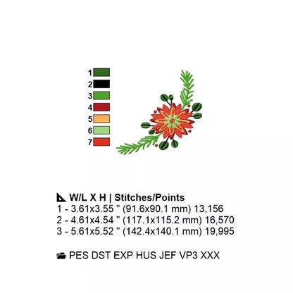 Poinsettia de Noël avec branches de sapin - Motif de broderie machine CuteRoyal – Info dimensions couleurs et nombre de points.