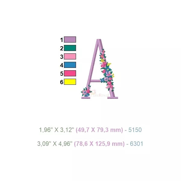 Lettre rose majuscule avec fleurs - Alphabet floral motif de broderie machine. 6 changements de couleur et 2 tailles incluses.