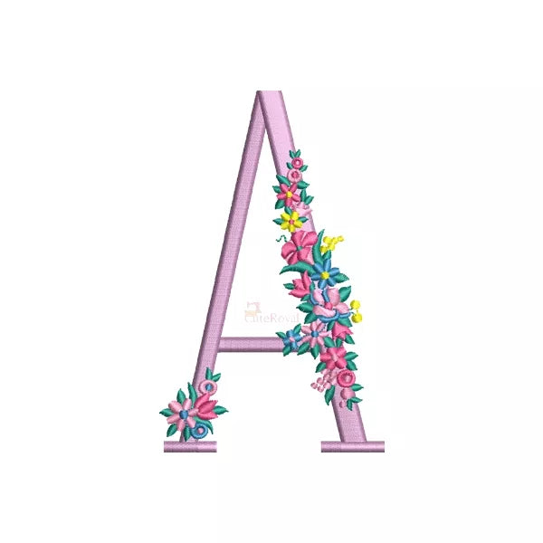 Lettre rose majuscule avec fleurs - Alphabet floral motif de broderie machine.