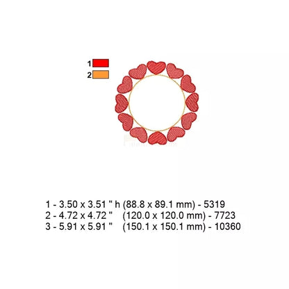 Fiche technique du motif couronne de cœurs : 3 tailles, palette de 2 couleurs et dimensions en mm et pouces.