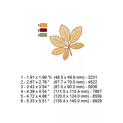 Fiche technique du motif feuille de marronnier : 6 tailles, palette de 3 couleurs et dimensions en mm et pouces.