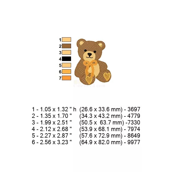 Fiche technique du motif ourson : 6 tailles, palette de 7 couleurs et dimensions en mm et pouces.