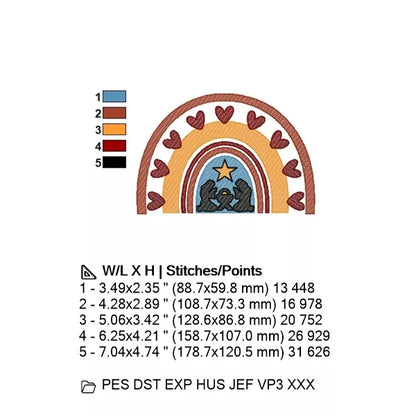 Crèche de Noël Boho – Arc-en-Ciel, Cœurs et Étoile - Motif de broderie machine CuteRoyal - Motif de broderie machine CuteRoyal – Info dimensions couleurs et nombre de points - Formats : PES, DST, EXP, HUS, JEF, VP3, XXX.