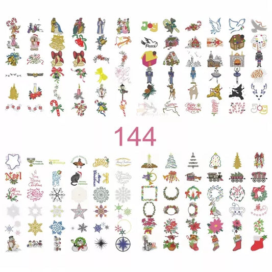 <img source='CR144NOEL.webp' alt='Collection festive : 144 motifs de broderie machine de Noël.' />.