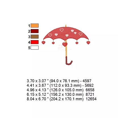 Fiche technique du motif parapluie avec cœurs – 5 tailles de 94x78 mm à 204x170 mm, 5 couleurs de fil.