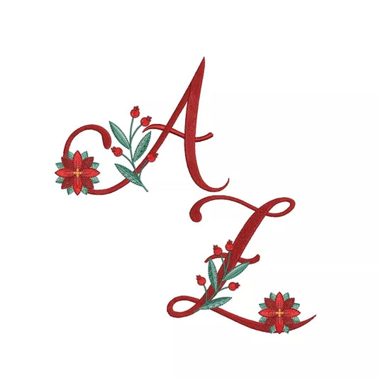 Alphabet de Noel poinsettia pour machine a broder, lettres majuscules A et Z brodees avec fleurs et feuillages festifs | Poinsettia Christmas alphabet for machine embroidery, capital letters A and Z embroidered with festive flowers and foliage.