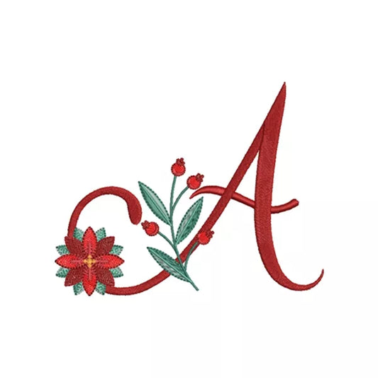 Lettre A de l'alphabet de Noël poinsettia pour broderie machine avec fleurs et feuillages festifs | Poinsettia Christmas letter A for machine embroidery with festive flowers and foliage.
