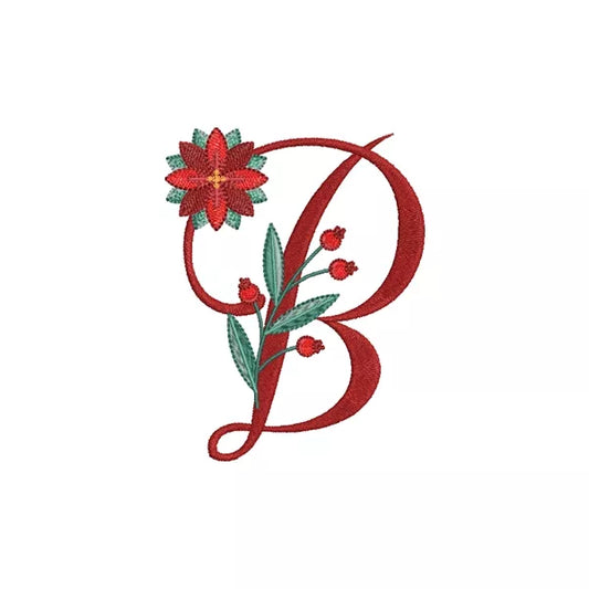 Lettre B de l'alphabet de Noël poinsettia pour broderie machine avec fleurs et feuillages festifs | Poinsettia Christmas letter B for machine embroidery with festive flowers and foliage.