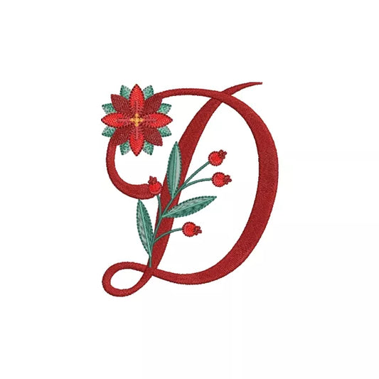 Lettre D de l'alphabet de Noël poinsettia pour broderie machine avec fleurs et feuillages festifs | Poinsettia Christmas letter D for machine embroidery with festive flowers and foliage.