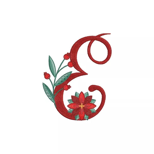 Lettre E de l'alphabet de Noël poinsettia pour broderie machine avec fleurs et feuillages festifs | Poinsettia Christmas letter E for machine embroidery with festive flowers and foliage.