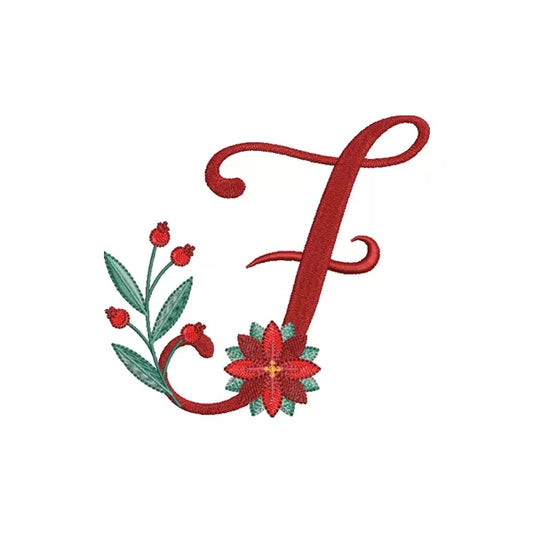 Lettre F de l'alphabet de Noël poinsettia pour broderie machine avec fleurs et feuillages festifs | Poinsettia Christmas letter F for machine embroidery with festive flowers and foliage.