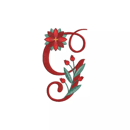 Lettre G de l'alphabet de Noël poinsettia pour broderie machine avec fleurs et feuillages festifs | Poinsettia Christmas letter G for machine embroidery with festive flowers and foliage.