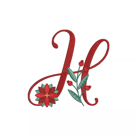 Lettre H de l'alphabet de Noël poinsettia pour broderie machine avec fleurs et feuillages festifs | Poinsettia Christmas letter H for machine embroidery with festive flowers and foliage.