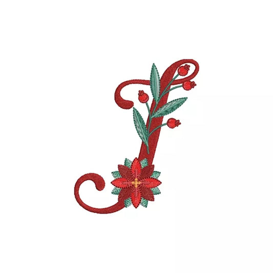Lettre I de l'alphabet de Noël poinsettia pour broderie machine avec fleurs et feuillages festifs | Poinsettia Christmas letter I for machine embroidery with festive flowers and foliage.