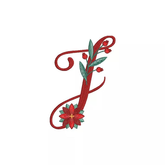 Lettre J de l'alphabet de Noël poinsettia pour broderie machine avec fleurs et feuillages festifs | Poinsettia Christmas letter J for machine embroidery with festive flowers and foliage.