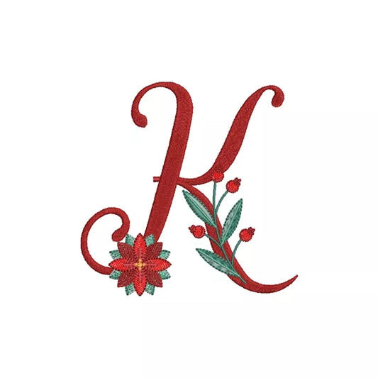 Lettre K de l'alphabet de Noël poinsettia pour broderie machine avec fleurs et feuillages festifs | Poinsettia Christmas letter K for machine embroidery with festive flowers and foliage.